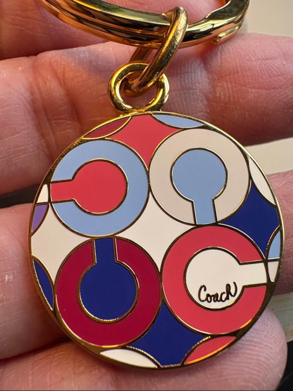 Coach Gold-Tone Enamel Circle Charm Keyring with Multicolor Pattern - Picture 2 of 4